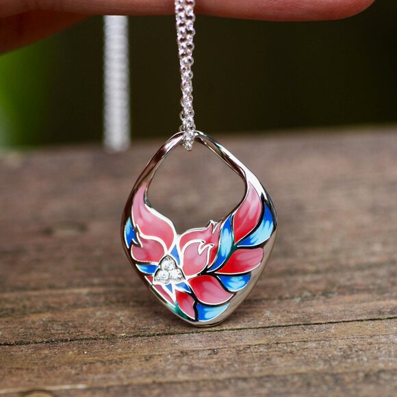 Silver Pink Enamel Flower Pendant with Cubic Zirconias, Gardening, Flowers - Picture 1 of 5